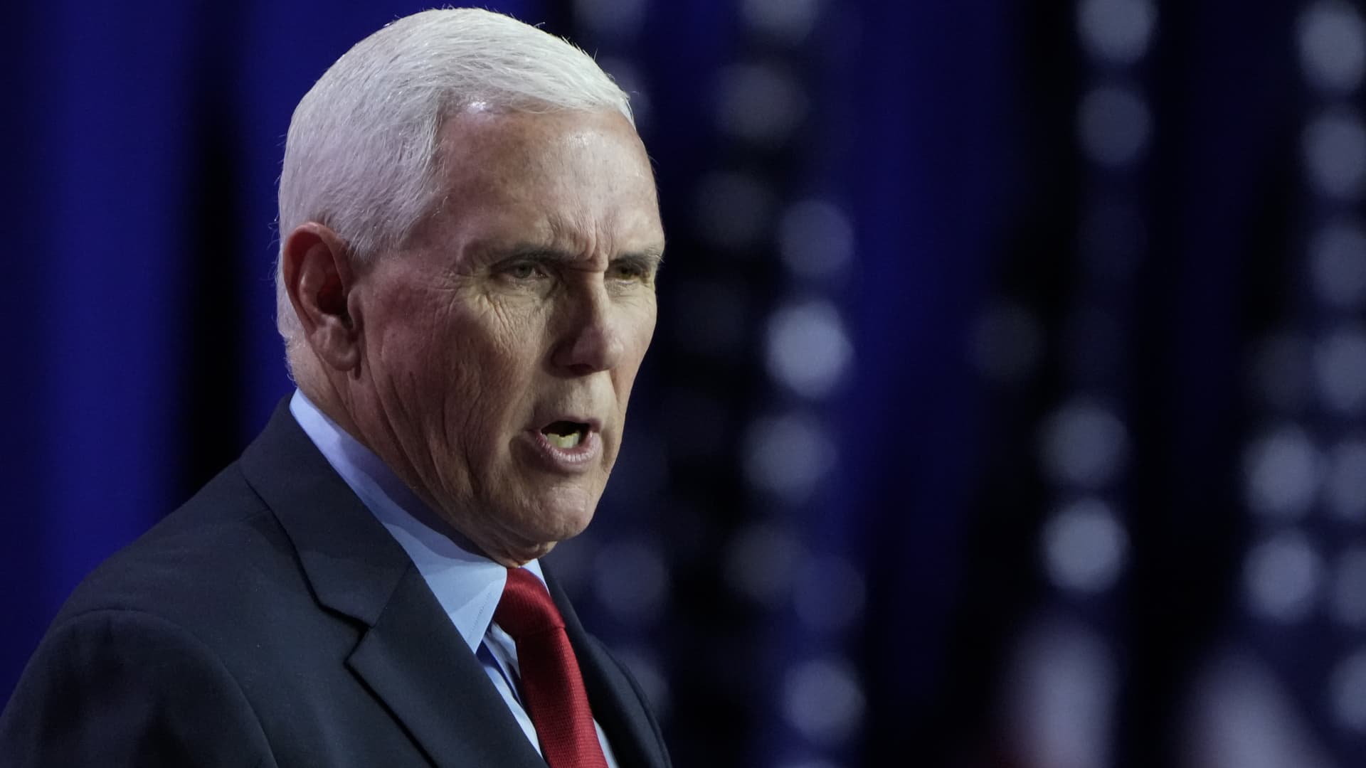 Republican presidential candidate and former U.S. Vice President Mike Pence delivers remarks at the Faith and Freedom Road to Majority conference at the Washington Hilton on June 23, 2023 in Washington, DC.