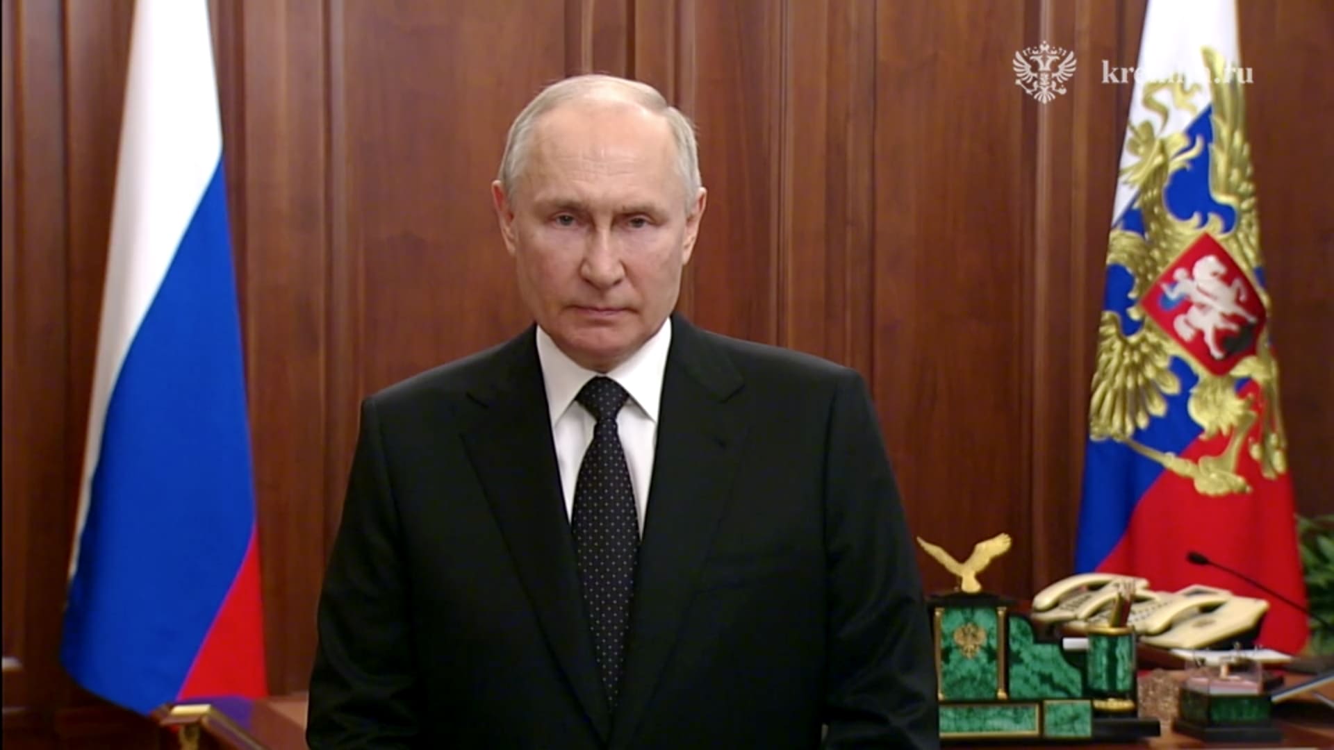 A screen grab captured from a video shows Russian President Vladimir Putin making a statement amid escalating tensions between the Kremlin and the head of paramilitary group Wagner in Moscow on June 24, 2023.
