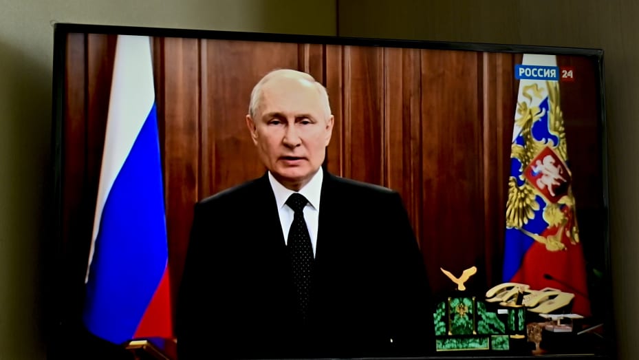 Russian President Vladimir Putin makes a statement about Wagner's action on TV in Moscow, Russia on June 24, 2023.