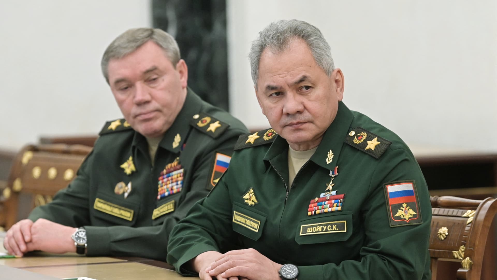 Russian Defense Minister Sergei Shoigu and chief of the general staff Valery Gerasimov in Moscow on Feb. 27, 2022.