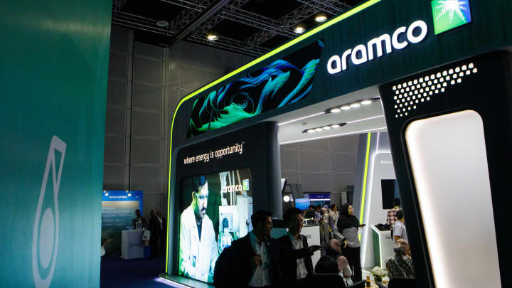 The Aramco booth at an exhibition hall during the Energy Asia Summit, in Kuala Lumpur, Malaysia, on Monday, June 26, 2023. The summit will continue through June 28.