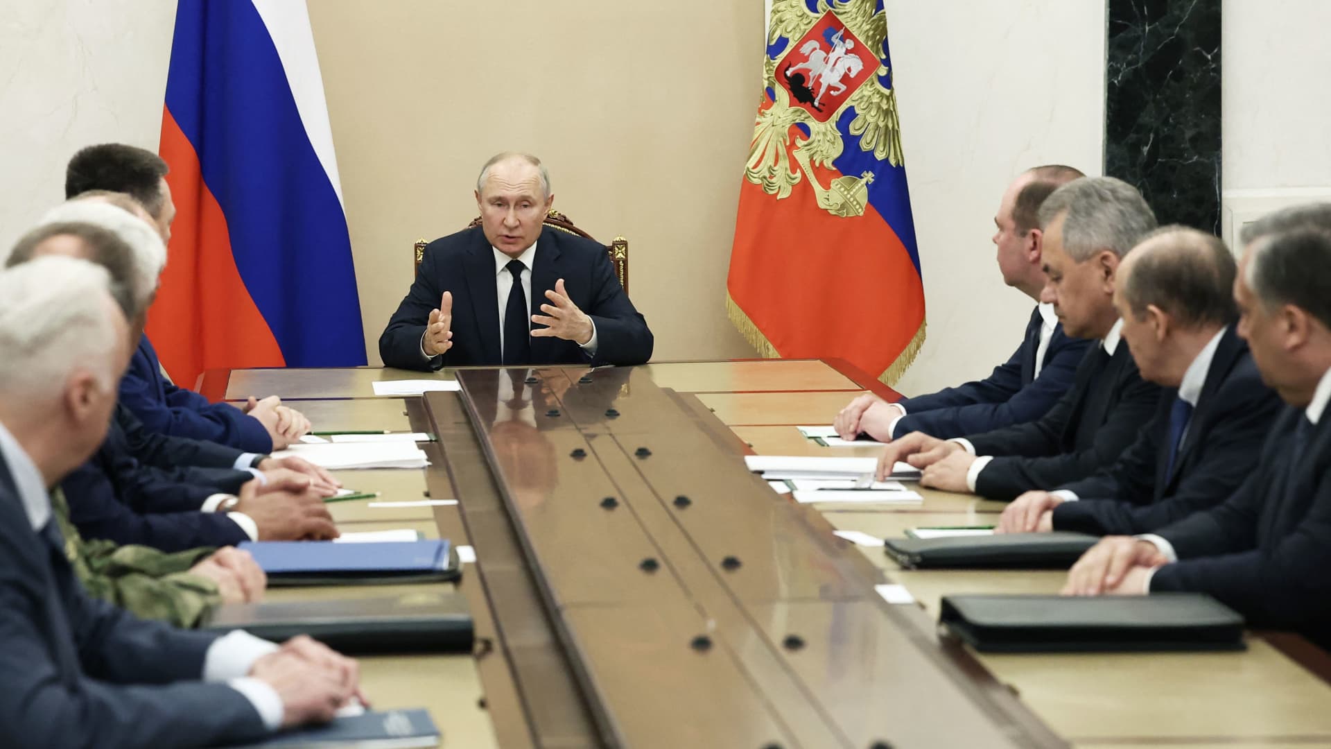 Russian President Vladimir Putin (C) meets with the country's top security officials, including Defence Minister Sergei Shoigu (3R), in Moscow on June 26, 2023. 
