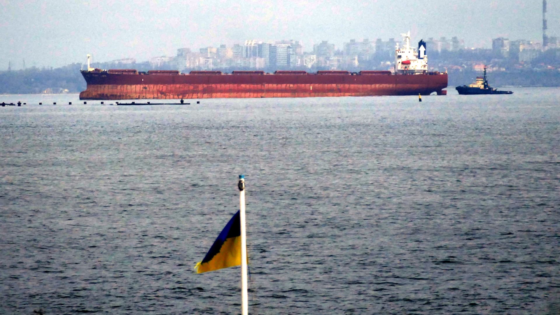 A vessel arrives under the Black Sea grain initiative, in Odesa, southern Ukraine.