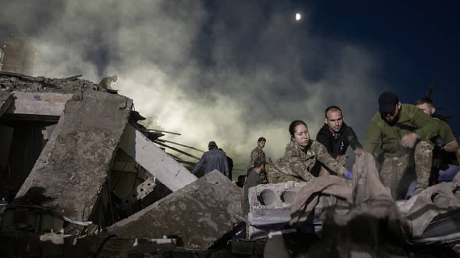 Rescue teams work to find out survivors under the rubbleafter a Russian missile attack hits Ria restaurant in Kramatorsk, Ukraine on June 27, 2023.