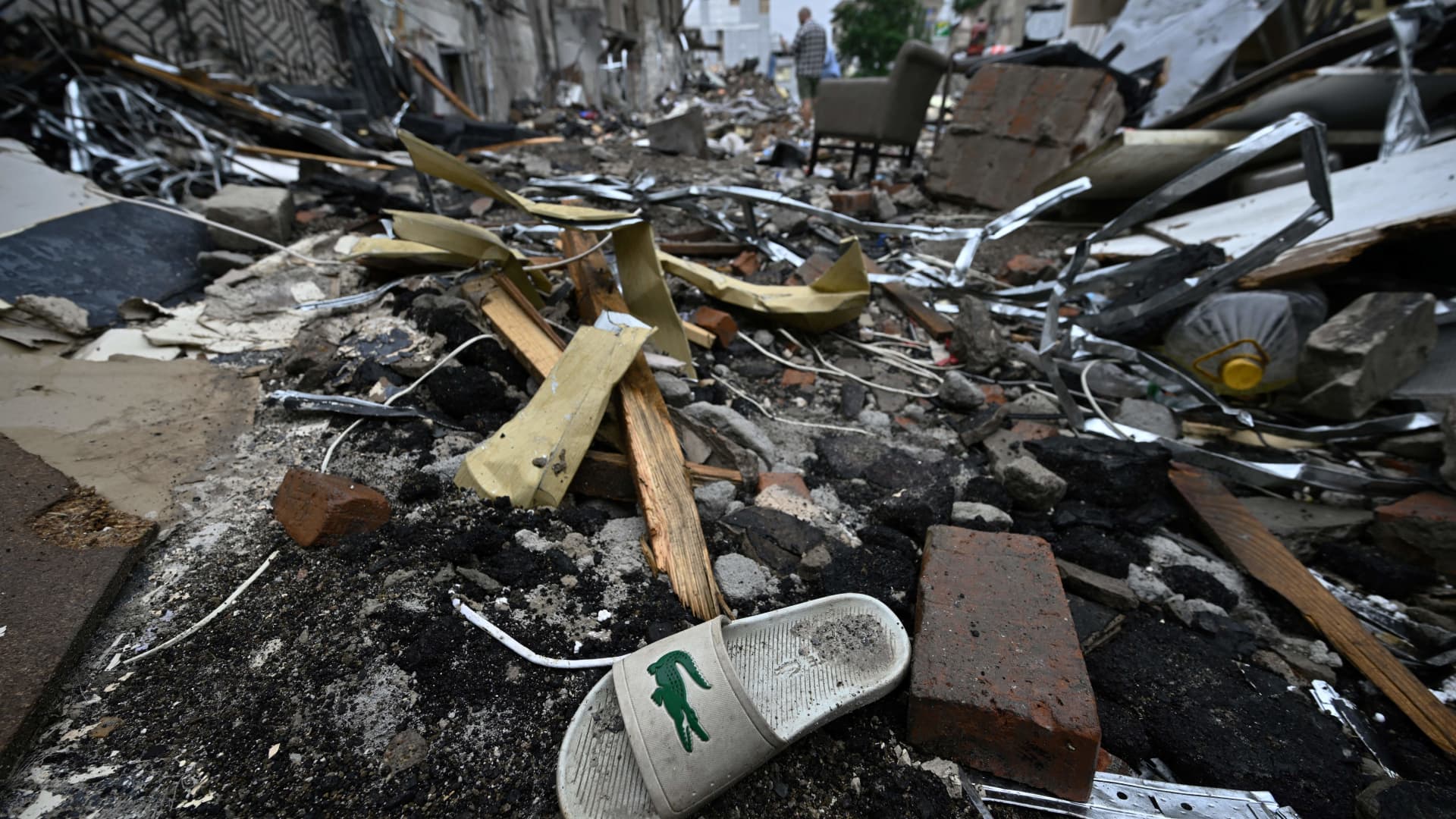 This photograph taken on June 29, 2023 shows the debris of a restaurant destroyed following a Russian missile strike in the center of Kramatorsk, amid the Russian invasion of Ukraine. 
