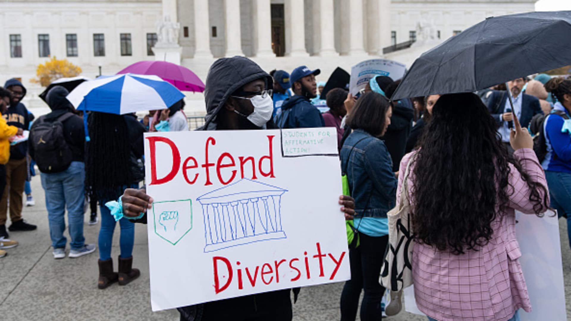 Protesters gather in front of the U.S. Supreme Court as affirmative action cases involving Harvard and University of North Carolina admissions are heard by the court in Washington on Monday, October 31, 2022.