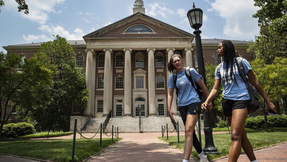 People walk on the campus of the University of North Carolina Chapel Hill on June 29, 2023 in Chapel Hill, North Carolina.