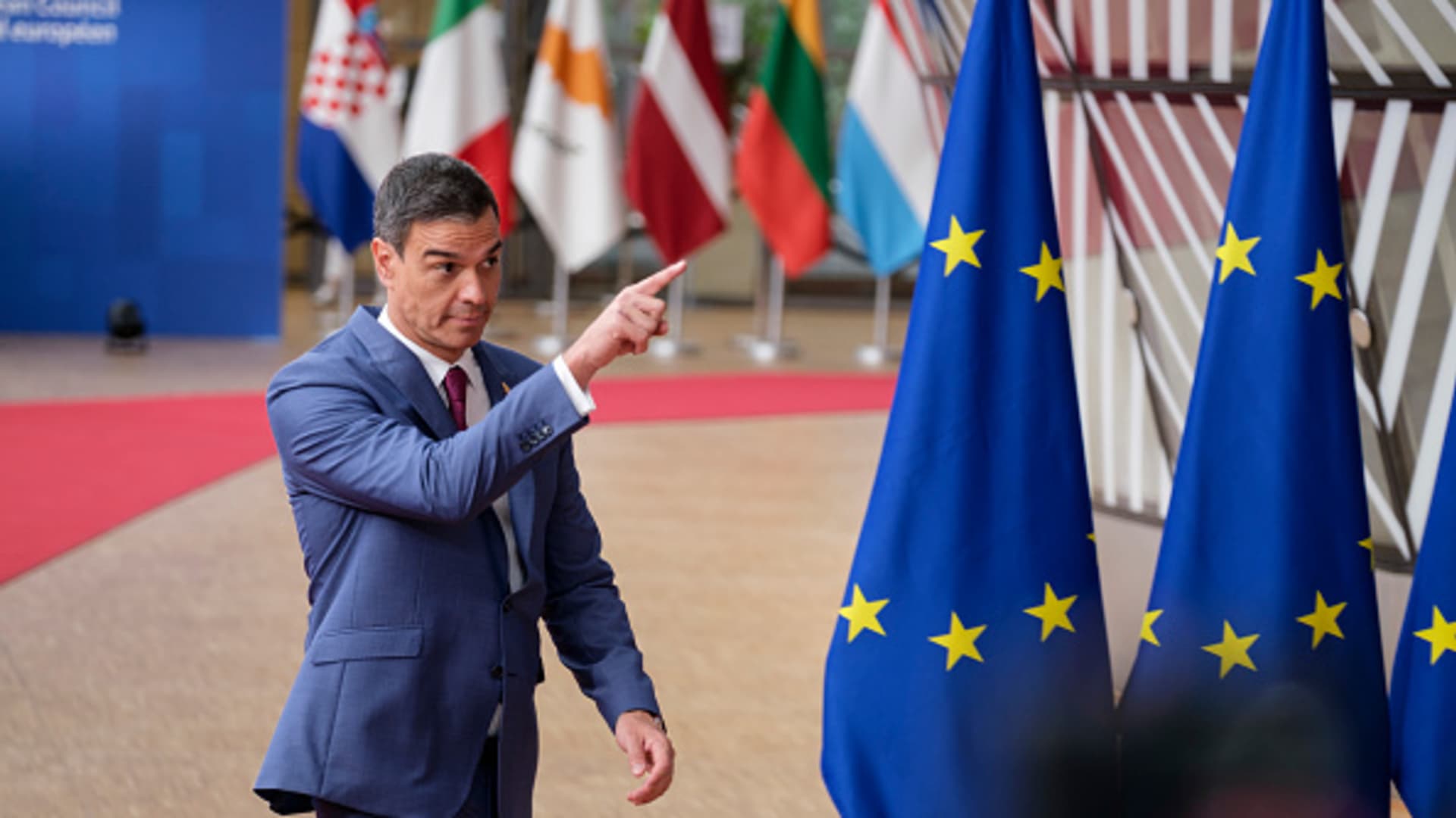 Spanish Prime Minister Pedro Sanchez at the start of the first day of an EU summit on June 29, 2023 in Brussels, Belgium.