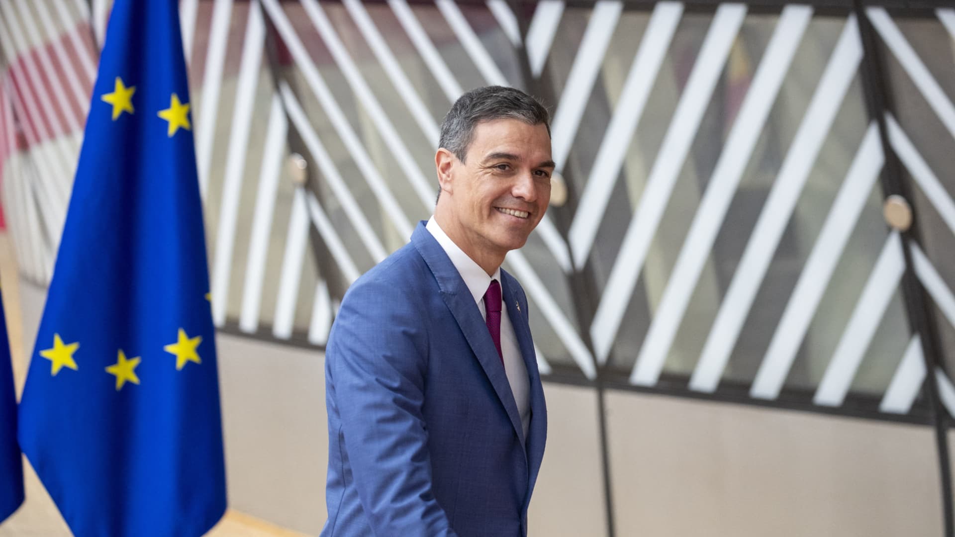 Prime Minister of Spain Pedro Sanchez arrives for a meeting of the European council, at the European Union headquarters in Brussels, Thursday 29 June 2023.