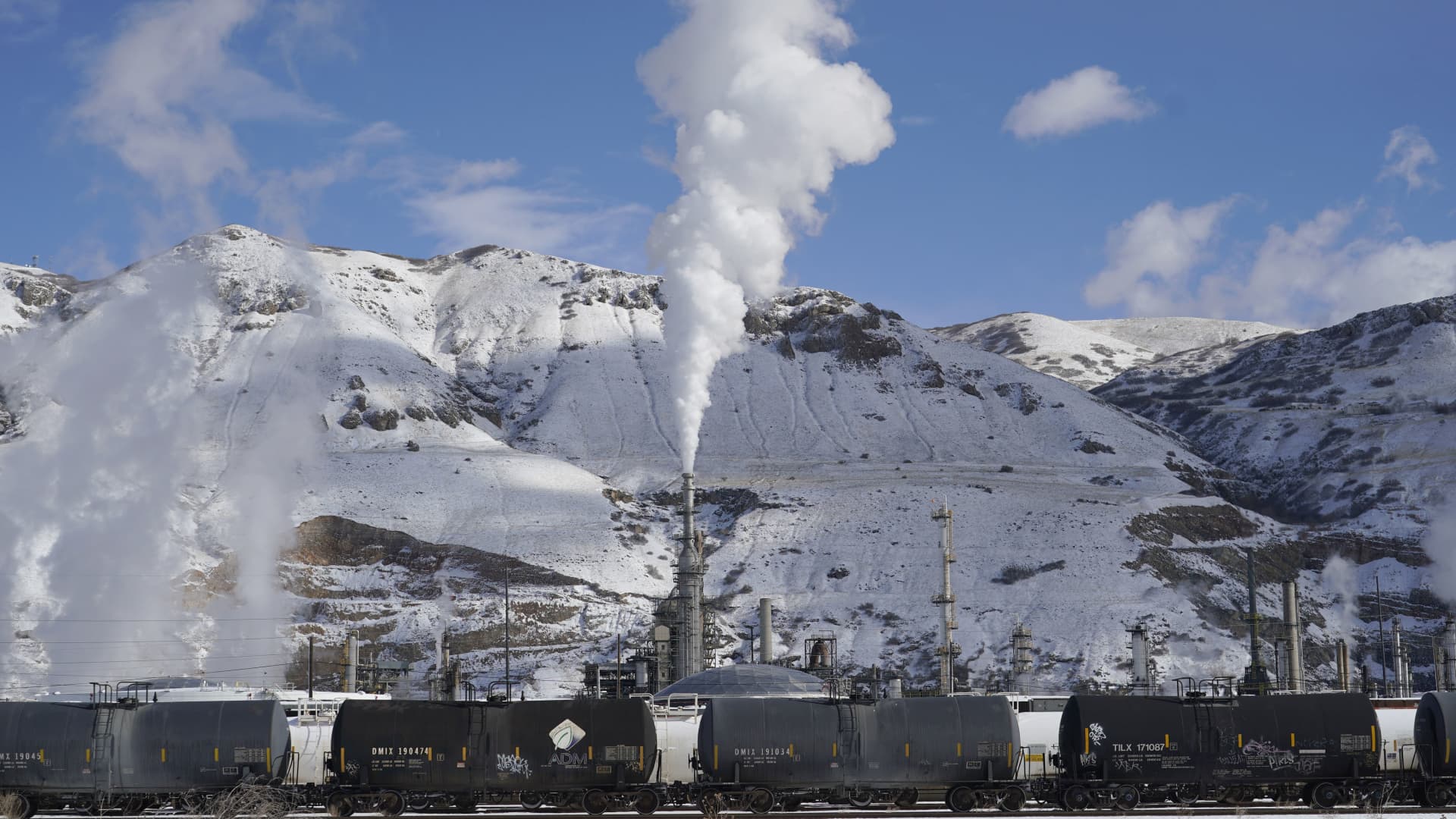 Oil tankers outside an oil refinery at the Union Pacific rail terminal in Salt Lake City, Utah, on Friday, Dec. 2, 2022.