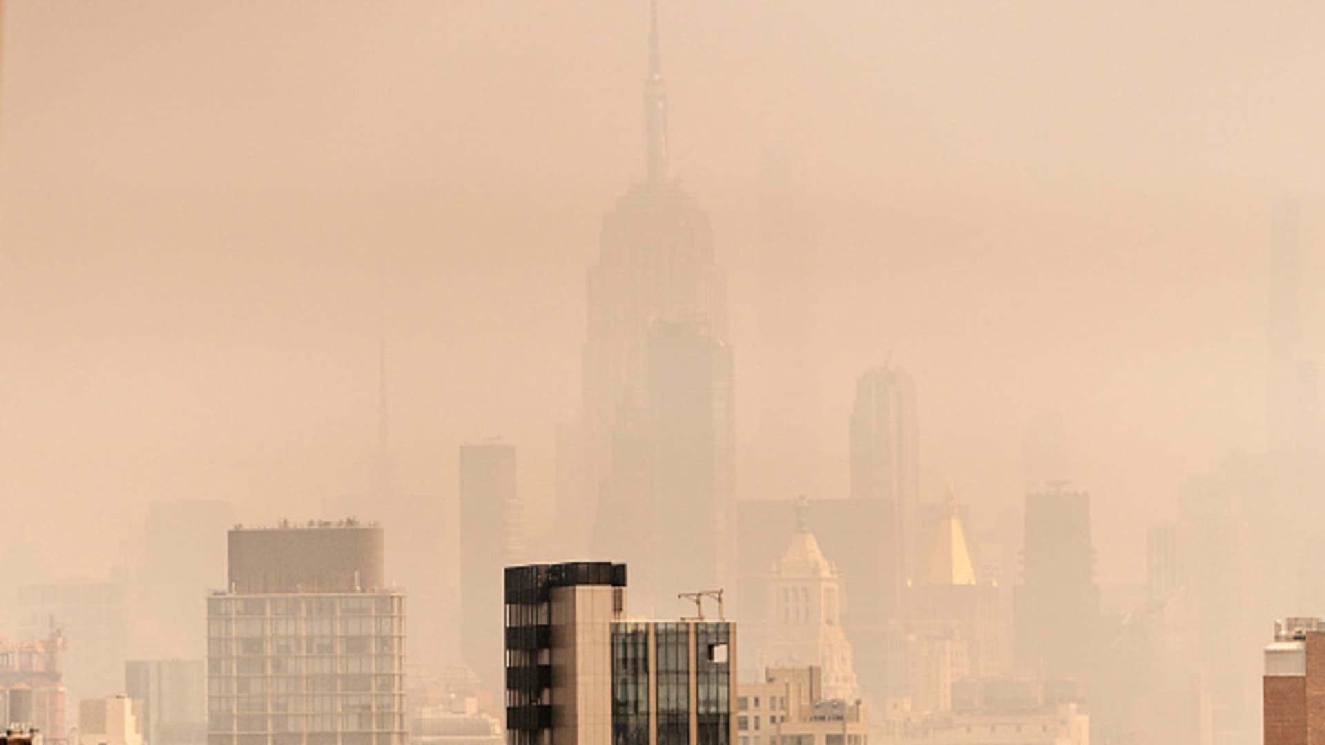 Smoke from wildfires in Canada shrouds the Empire State Building on June 30, 2023 in New York City.