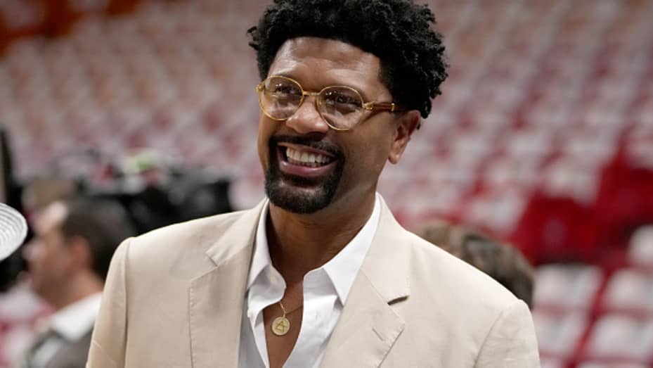 Jalen Rose smiles before Game Four of the 2023 NBA Finals between the Denver Nuggets and the Miami Heat on June 9, 2023 at Kaseya Center in Miami, Florida.