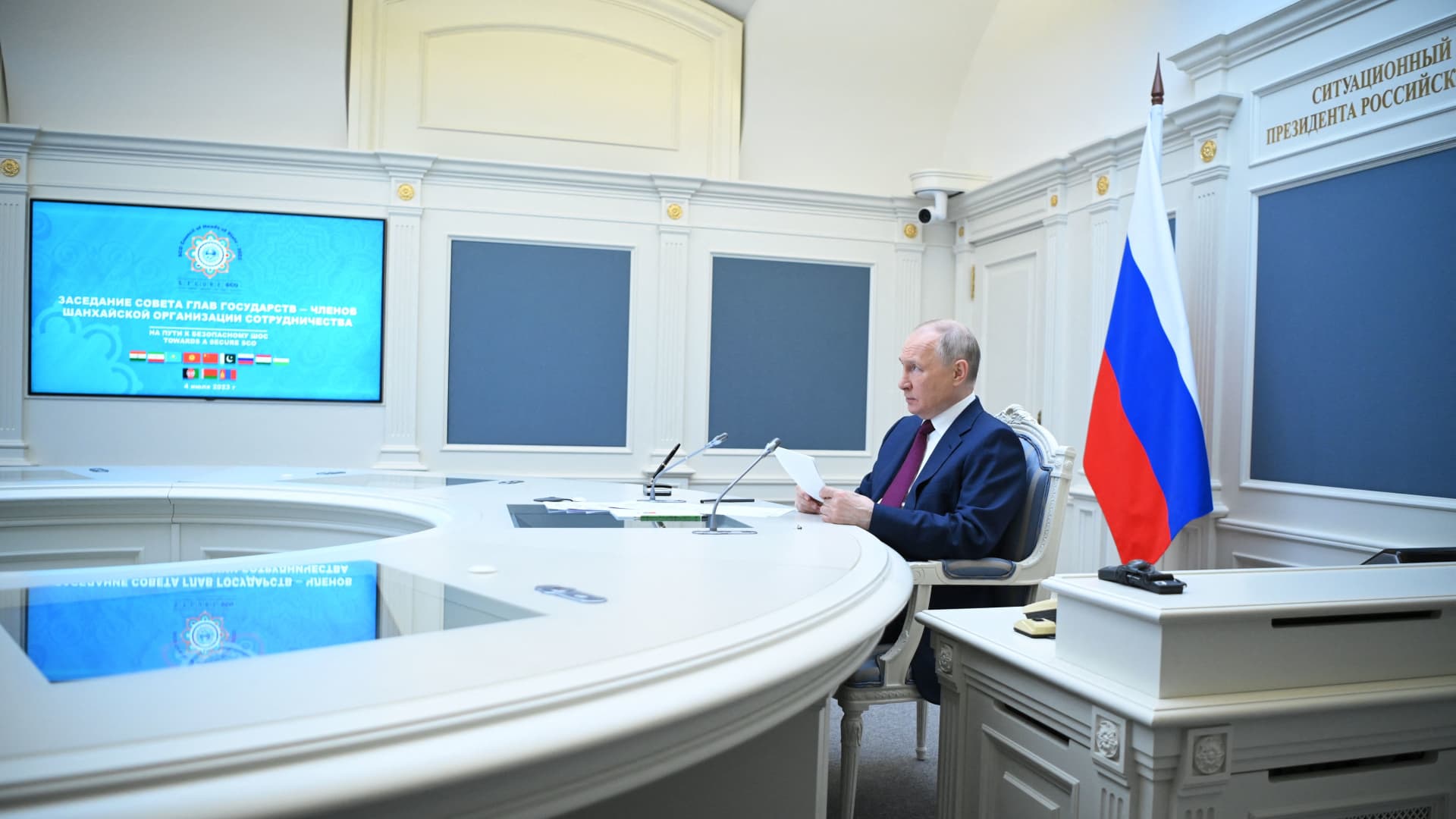 Russian President Vladimir Putin attends a meeting of the Shanghai Cooperation Organisation (SCO) Heads of State Council via a video conference at the Kremlin in Moscow on July 4, 2023.