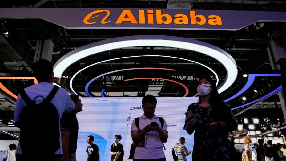 Alibaba Group sign is seen at the World Artificial Intelligence Conference (WAIC) in Shanghai, China July 6, 2023. REUTERS/Aly Song