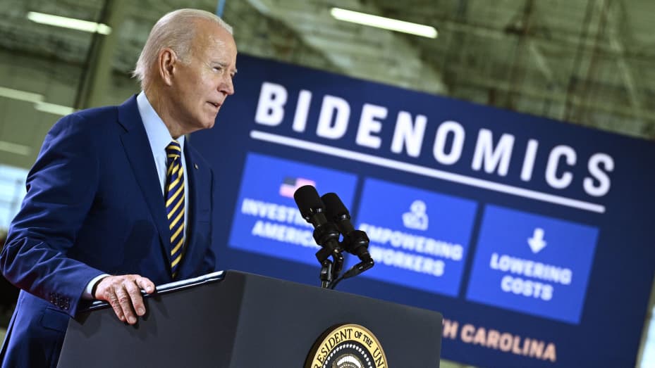 US President Joe Biden speaks about a new manufacturing partnership between Enphase Energy and Flex, at Flex LTD in West Columbia, South Carolina, on July 6, 2023.