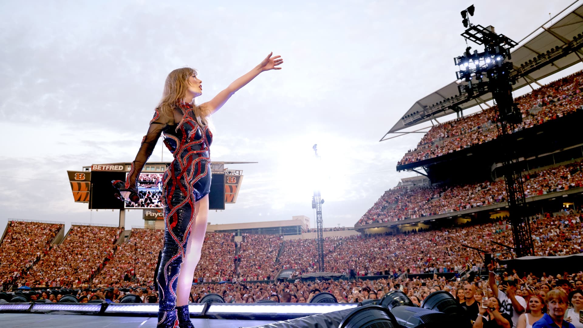 Taylor Swift performs in Cincinnati, Ohio, June 30, 2023, during her Eras tour.