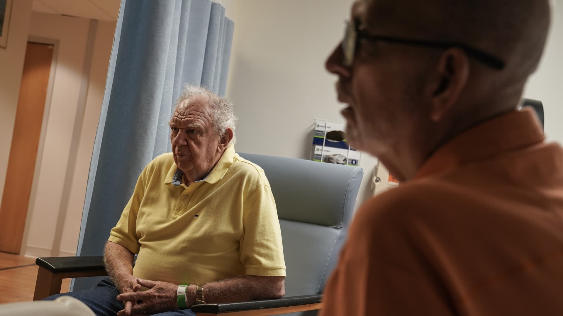 Jay Reinstein, right, who suffers from Alzheimer's, sits with his father, Max Reinstein, prior to receiving a PET scan that will determine whether he is eligible to take Leqembi, at MedStar Georgetown University Hospital in Washington, D.C., June 20, 2023.