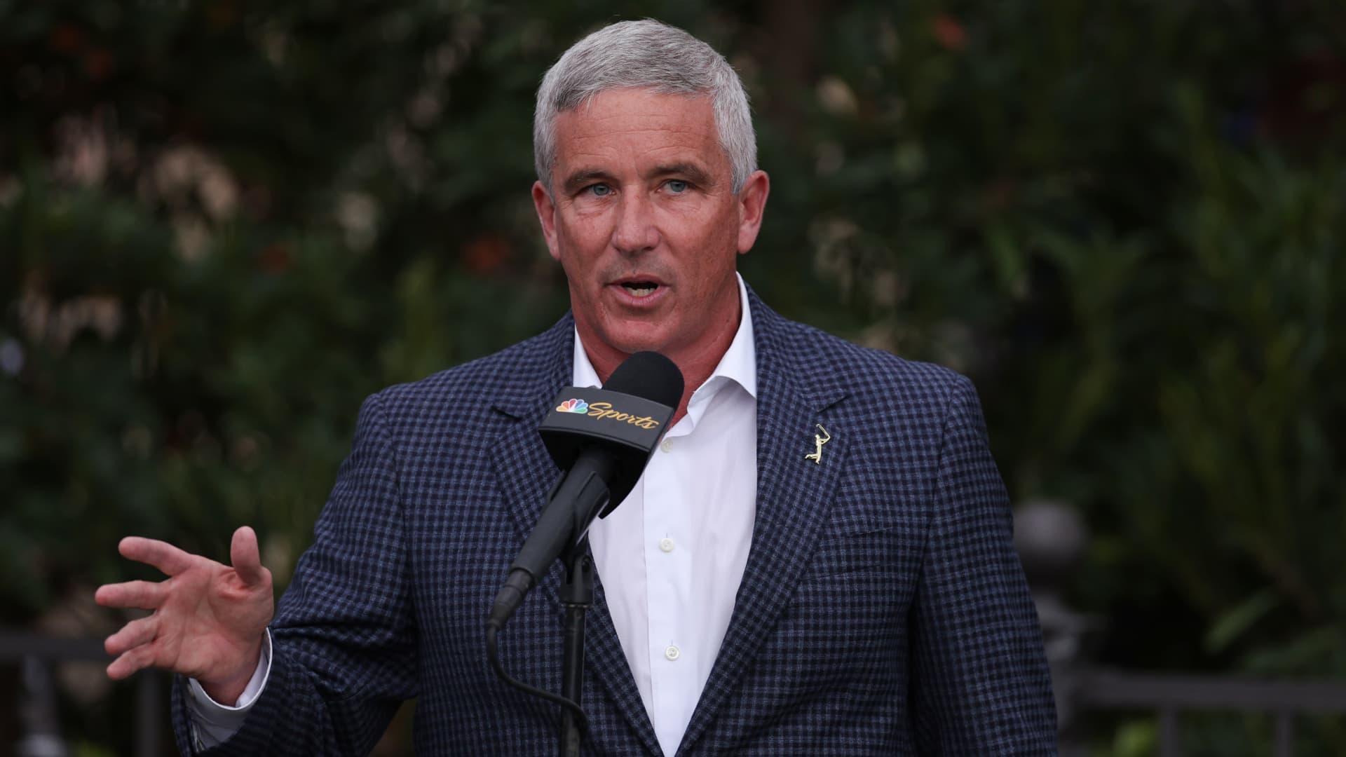 Jay Monahan, PGA TOUR Commissioner, speaks during the trophy ceremony during the final round of THE PLAYERS Championship on THE PLAYERS Stadium Course at TPC Sawgrass on March 12, 2023 in Ponte Vedra Beach, Florida.