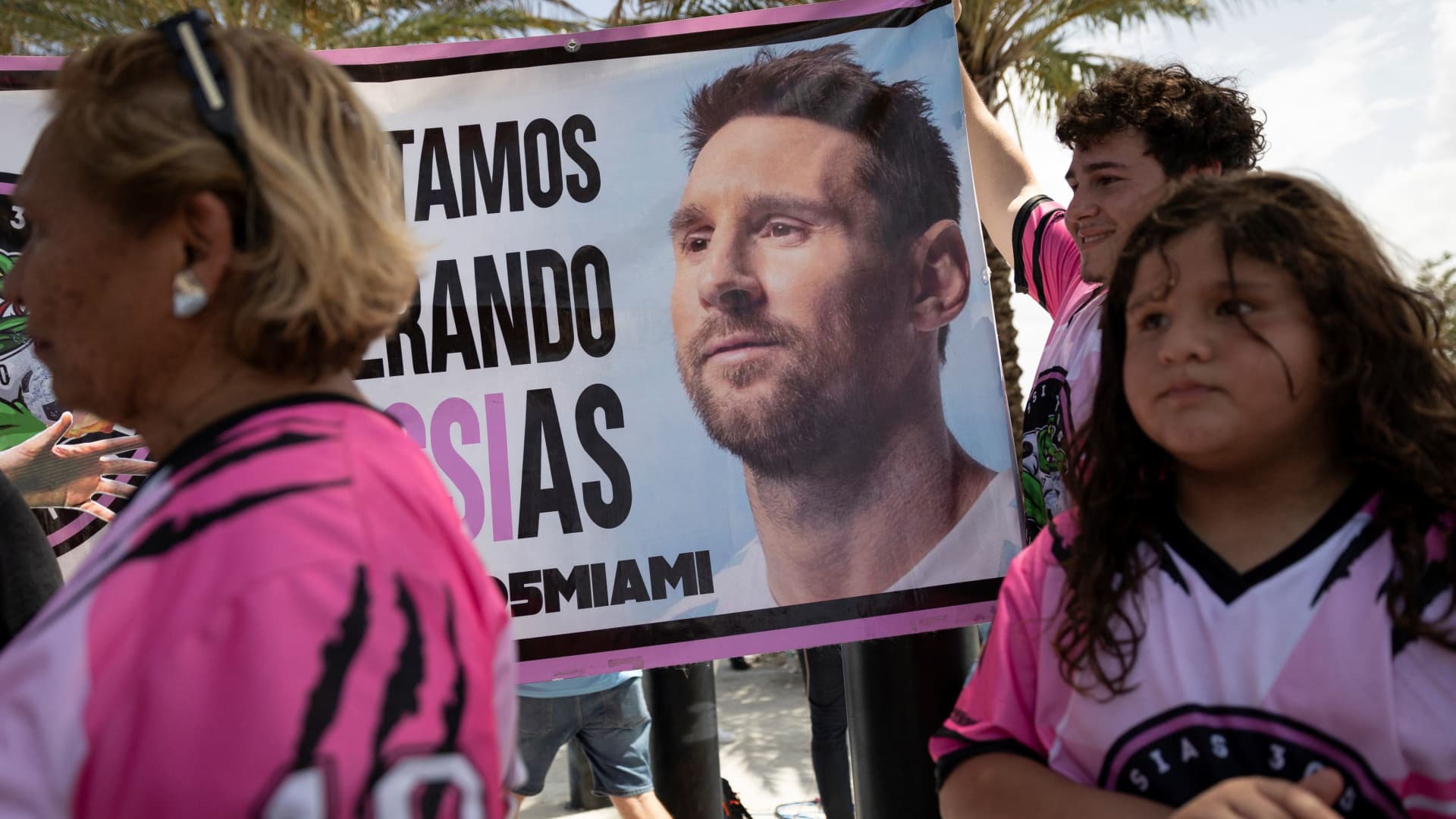 Supporters of Argentinian soccer player Leo Messi gather outside the Inter Miami DRV Pnk Stadium, in Fort Lauderdale, Florida, July 11, 2023.