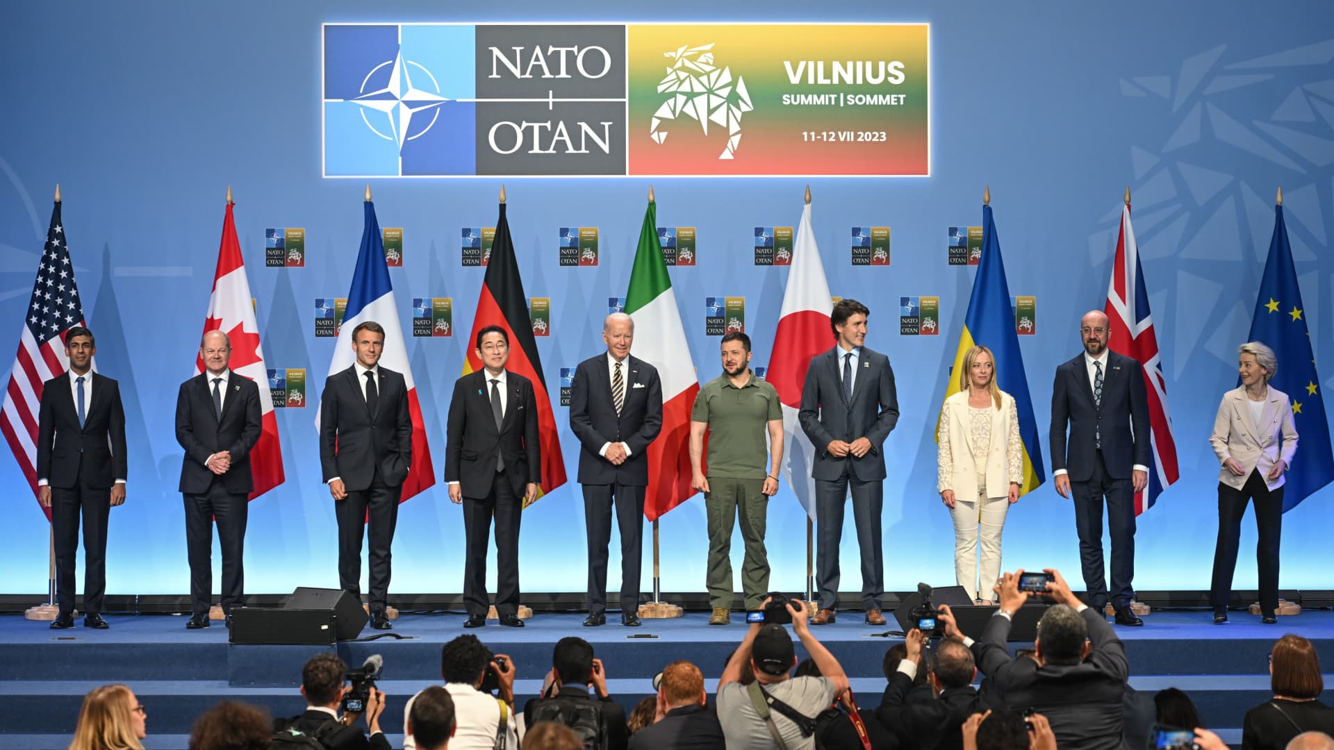 The Leaders of the Group of Seven (G7), reaffirm our unwavering commitment to the strategic objective of a free, independent, democratic, and sovereign Ukraine, within its internationally recognized borders, capable of defending itself and deterring future aggression. at the 2023 NATO Summit seen next to the Main Media Center, in Vilnius, Lithuania, in Vilnius, Lithuania, on July 12, 2023.