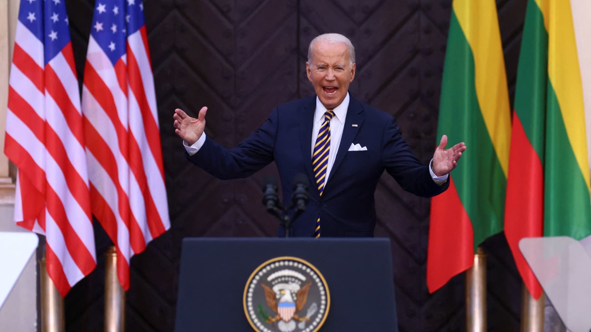 U.S. President Joe Biden gestures as he delivers remarks at Vilnius University during a NATO leaders summit in Vilnius, Lithuania July 12, 2023. 