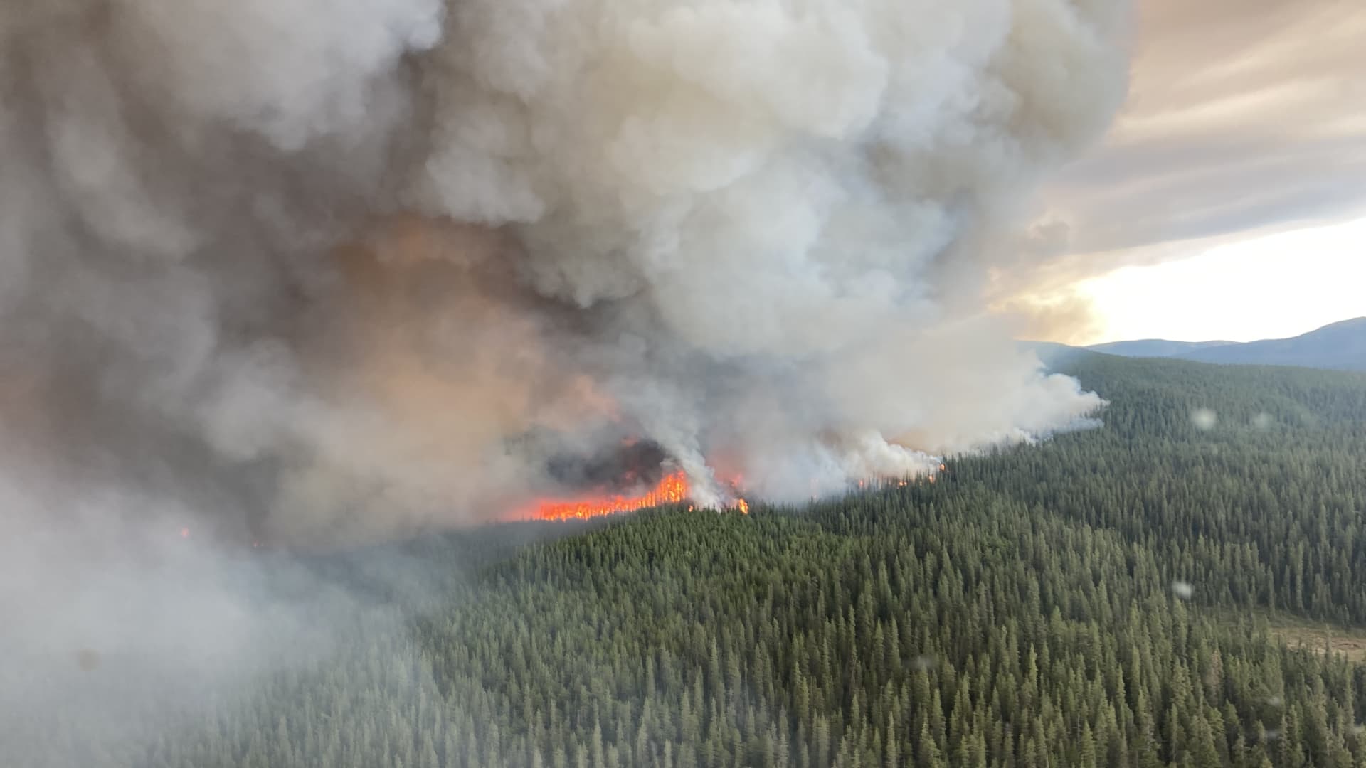 An aerial view of wildfire of Tatkin Lake in British Columbia, Canada on July 10, 2023.