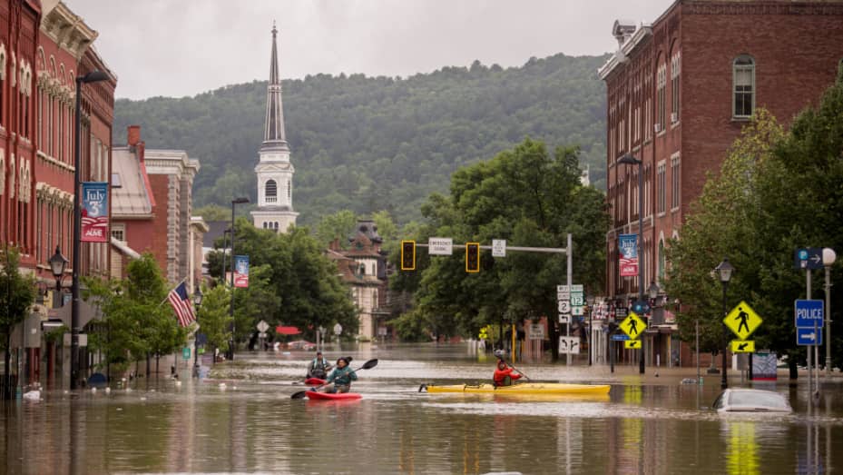 Inundaciones en el centro de Montpelier, Vermont, el martes 11 de julio de 2023. Vermont ha estado en estado de emergencia desde el domingo por la noche, ya que las fuertes lluvias continuaron hasta el martes por la mañana y causaron inundaciones en todo el estado.
