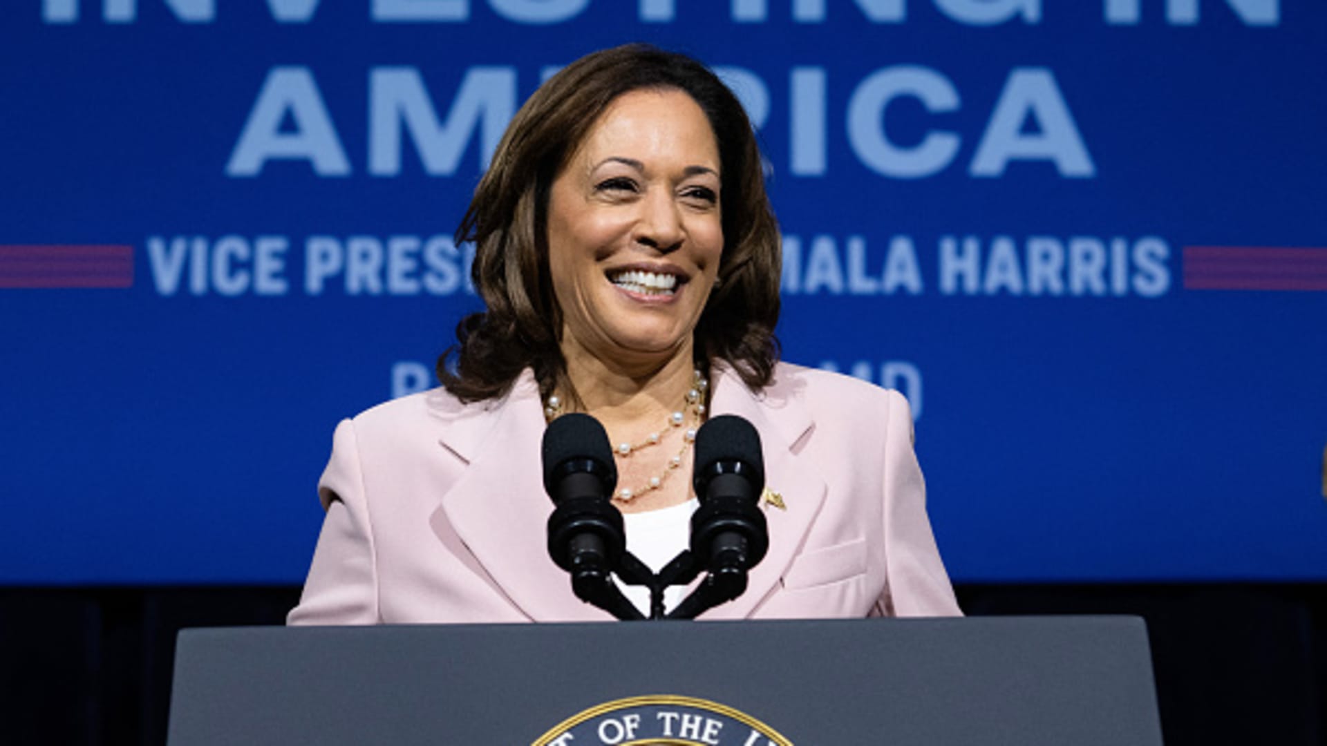 U.S. Vice President Kamala Harris speaks during the conclusion of the Investing in America tour at Coppin State University in Baltimore, Maryland, on July 14, 2023.