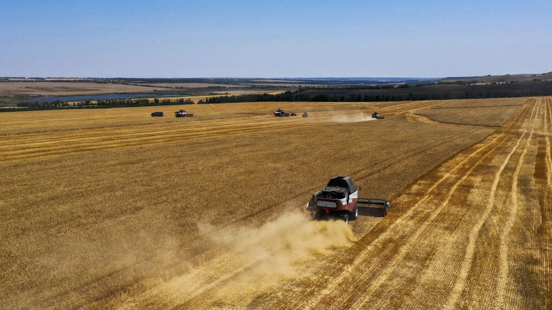 Farmers use harvesting vehicles to harvest grain in Stavropol Krai, one of Russia's most important agricultural lands is seen in Stavropol, Russia on July 16, 2023.