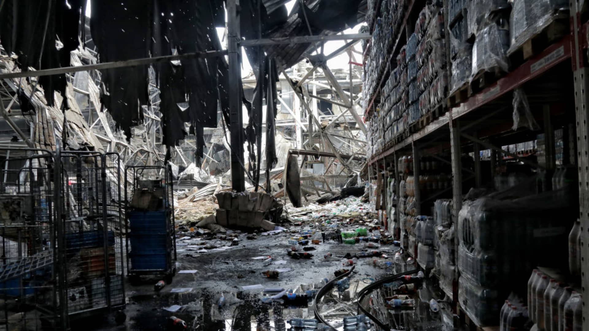 A warehouse of a retail chain damaged by a recent missile attack from Russian troops, in Odesa, southern Ukraine.