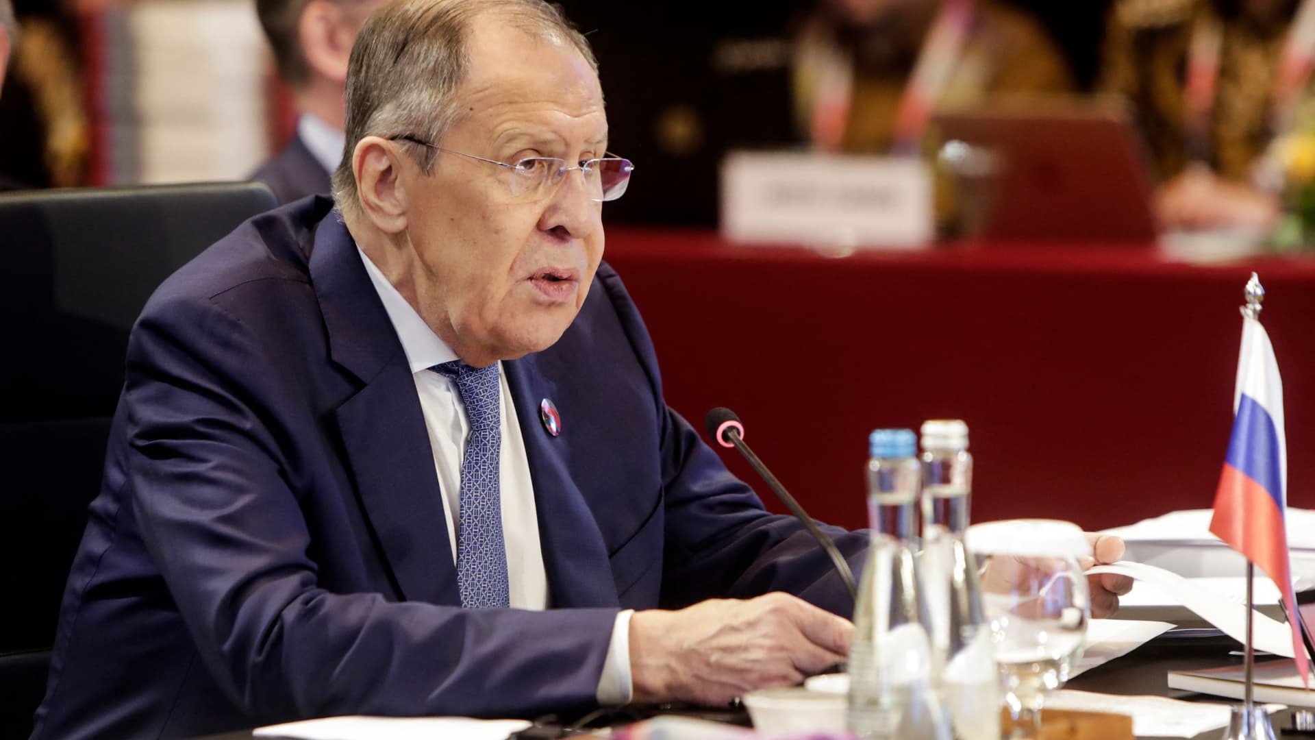 Russian Foreign Minister Sergei Lavrov speaks during the ASEAN Post Ministerial Conference with Russia at the Foreign Ministers' Meeting in Jakarta on July 13, 2023.
