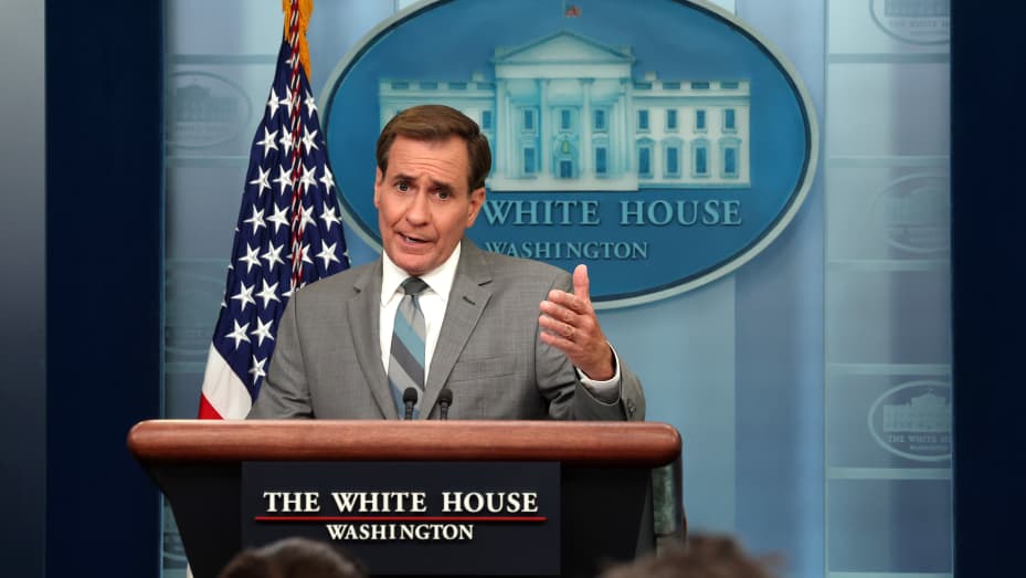 John Kirby, coordinator for strategic communications at the National Security Council, at the daily White House briefing at the White House on July 17, 2023 in Washington, DC.