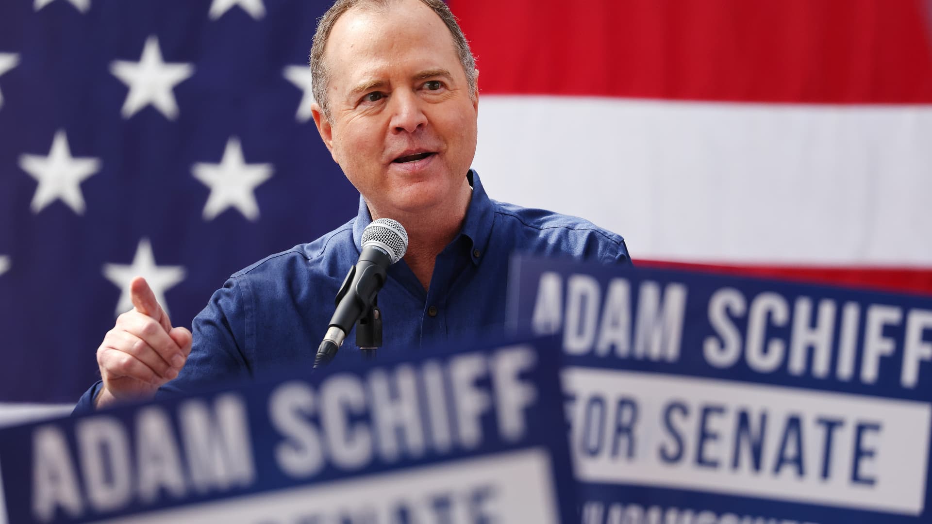 U.S. Rep. Adam Schiff, D-Calif., speaks to supporters outside the International Alliance of Theatrical Stage Employees Union Hall at the kickoff rally for his two-week California for All Tour in Burbank, California, on Feb. 11, 2023.