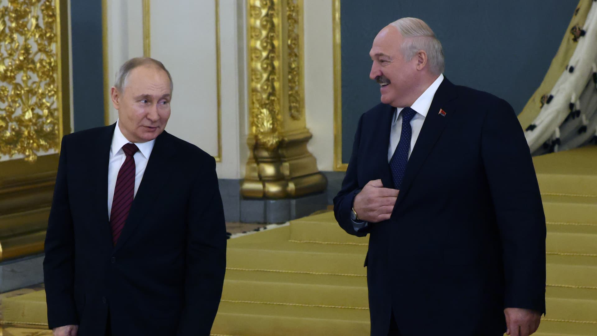 Russian President Vladimir Putin and Belarusian President Alexander Lukashenko at the Grand Kremlin Palace on May 25, 2023 in Moscow.