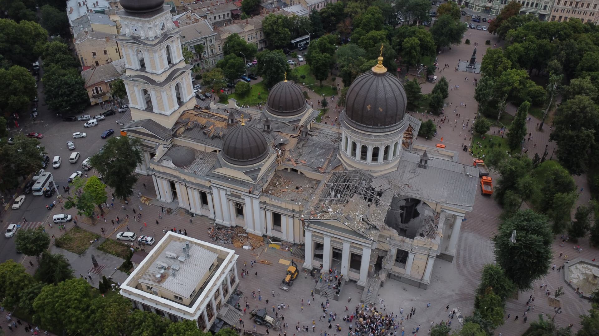 In an aerial view, the Transfiguration Cathedral heavily damaged by Russian missile on July 23, 2023 in Odesa, Ukraine. The Russian missile broke through the roof the main Orthodox cathedral of the city, and a fire started. As a result of the Russian shelling, several cultural buildings were damaged in the center of Odessa, where the World Heritage site “Historic Centre of Odesa” is located. Under an emergency procedure in January 2023, UNESCO added it to both the World Heritage List and the List of World Heritage in Danger. (Photo by Yan Dobronosov/Global Images Ukraine via Getty Images)