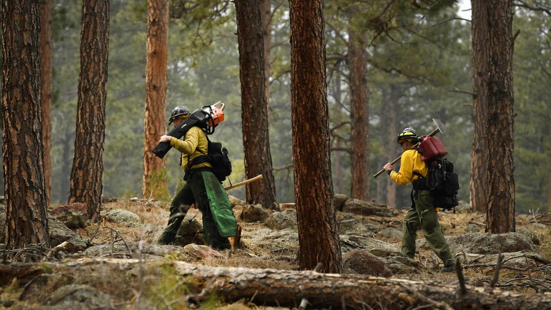 Firefighters head into the woods to cut line as the NCAR fire continues to burn in the foothills south of the National Center for Atmospheric Research on March 27, 2022 in Boulder, Colorado.