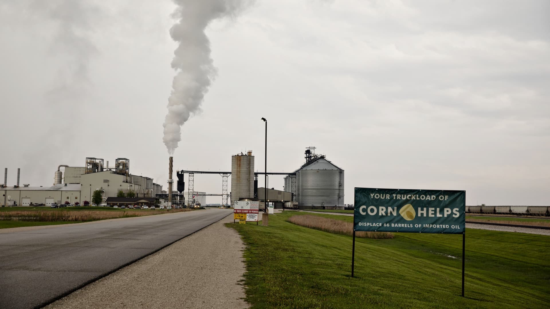 Steam rises from a stack outside the POET LLC ethanol biorefinery in Gowrie, Iowa, U.S., on Friday, May 17, 2019.