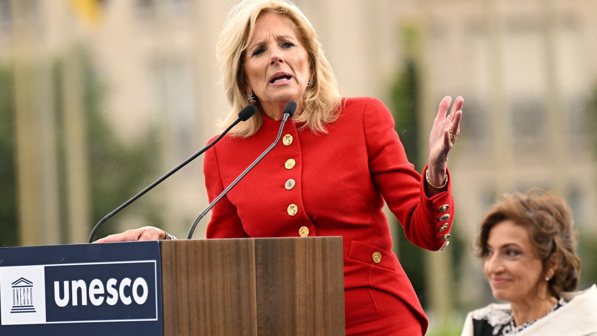 First Lady Jill Biden speaks during a flag-raising ceremony for the return of the U.S. to UNESCO after an over half-decade absence, at the UNESCO headquarters in Paris on July 25, 2023.