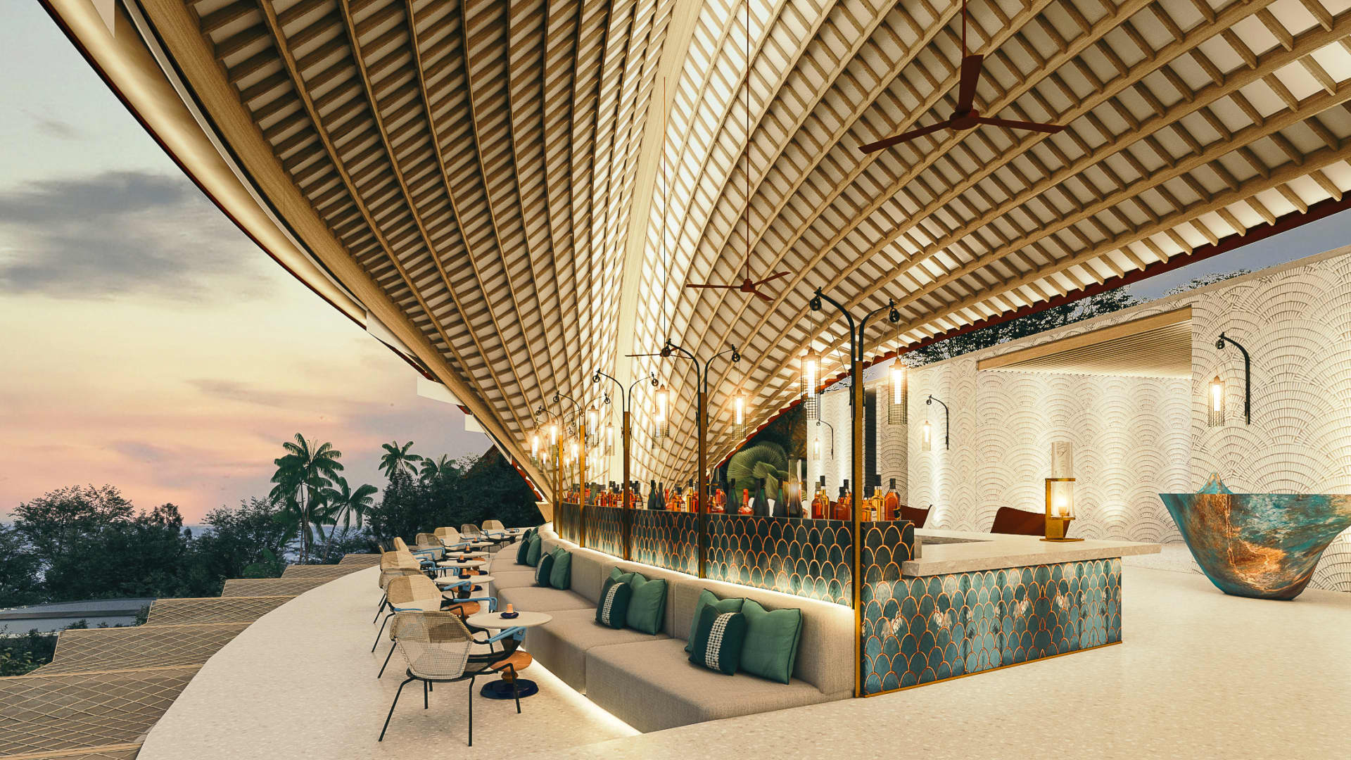 Rendering of a hotel lobby and lounge on Nirup Island, Indonesia, set to open in late 2024.