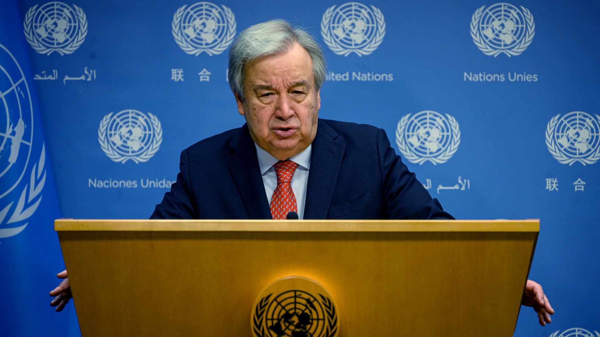 U.S. Secretary-General Antonio Guterres speaks about climate change at the U.N. headquarters in New York City on July 27, 2023.