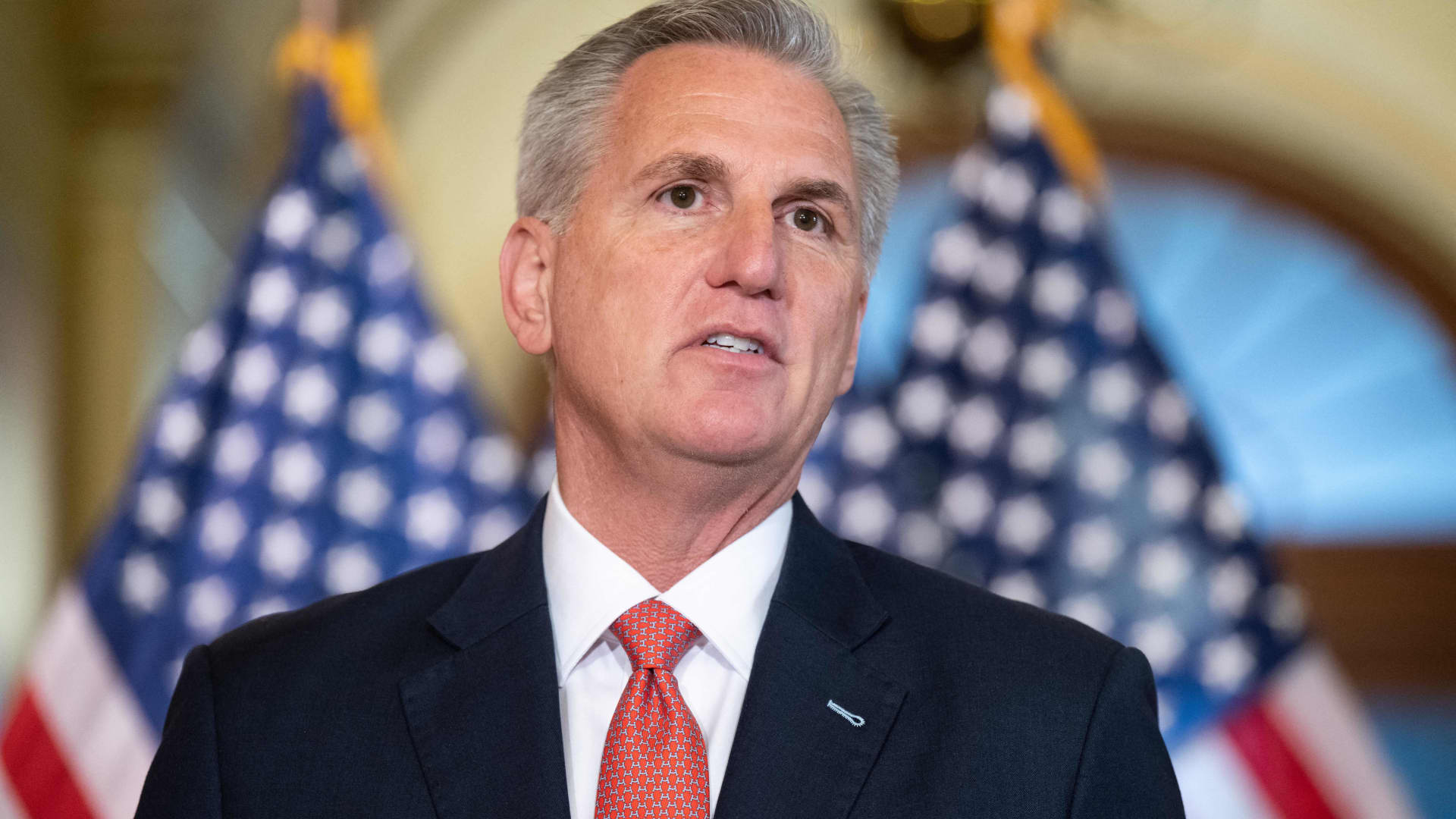 US House Speaker Kevin McCarthy, Republican of California, speaks to the press, as he meets with Italian Prime Minister Giorgia Meloni, at the US Capitol in Washington, DC, on July 27, 2023. listens to