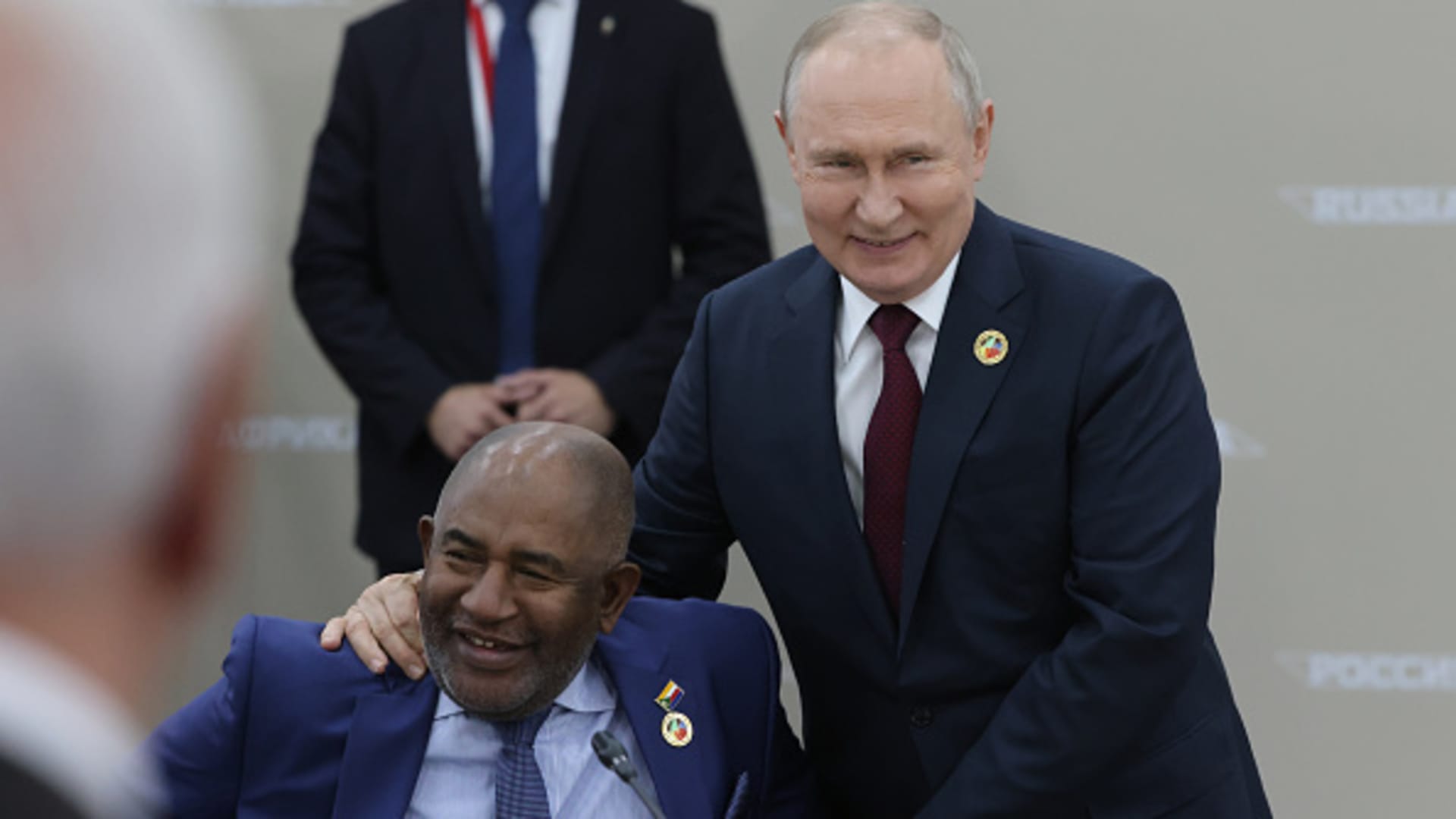 Russian President Vladimir Putin greets African Union Chairman Azali Assoumani during the Second Summit Economic And Humanitarian Forum Russia Africa on July 27, 2023 in Saint Petersburg, Russia.