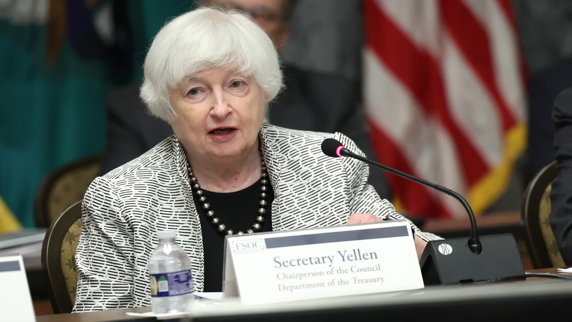 U.S. Treasury Secretary Janet Yellen delivers remarks during a meeting of the Financial Stability Oversight Council at the U.S. Treasury on July 28, 2023 in Washington, DC.