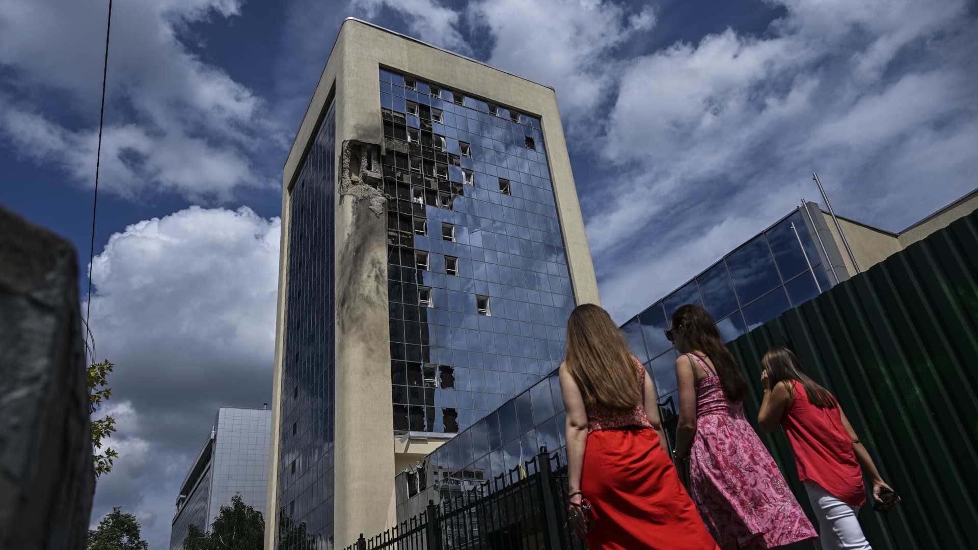 A view a building damaged after a Russian drone strike in Kyiv, Ukraine on August 02, 2023. 