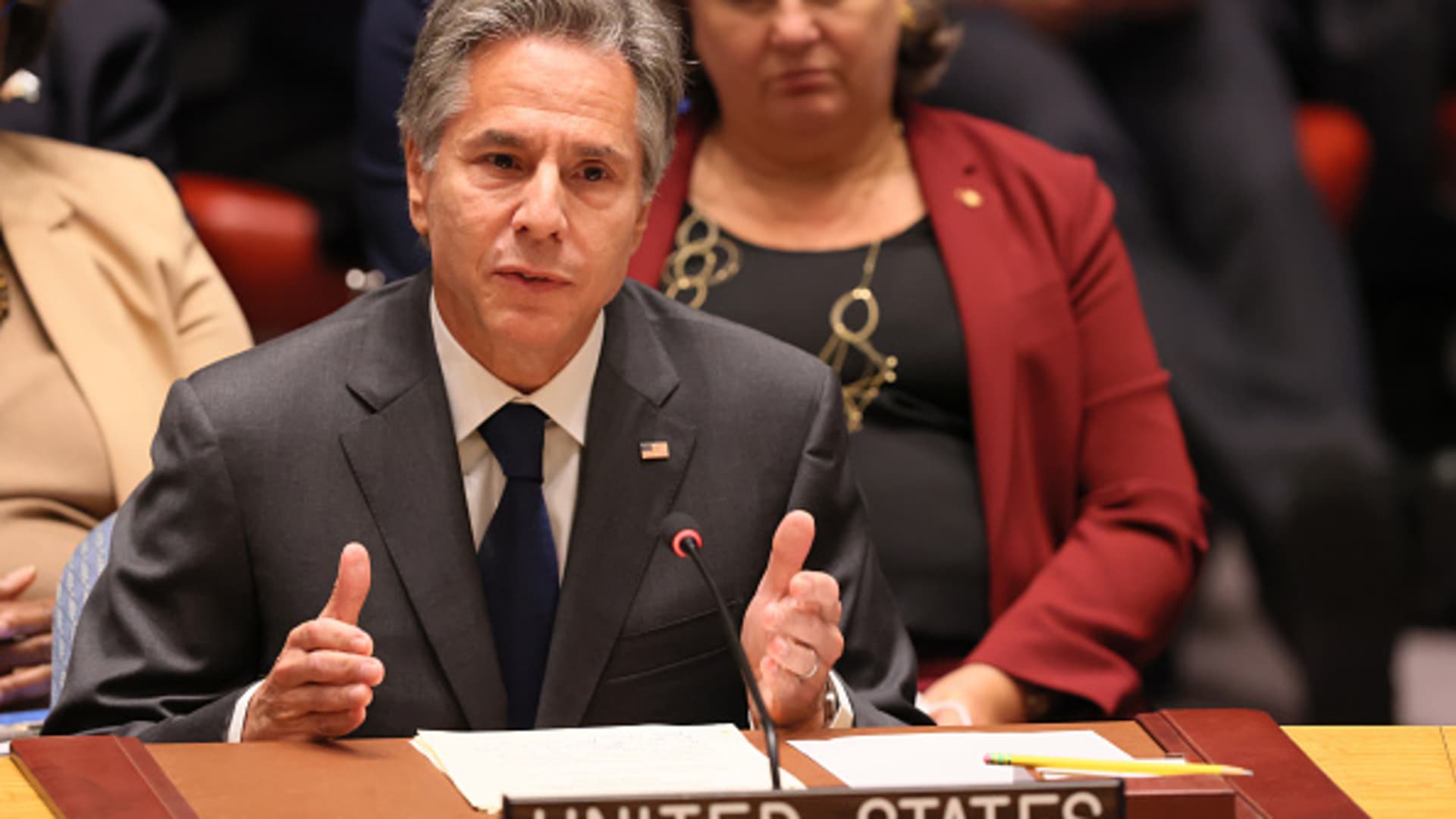 Secretary of State Antony Blinken speaks during the United Nations Security Council meeting at the United Nations Headquarters to discuss the conflict in Ukraine on September 22, 2022 in New York City.