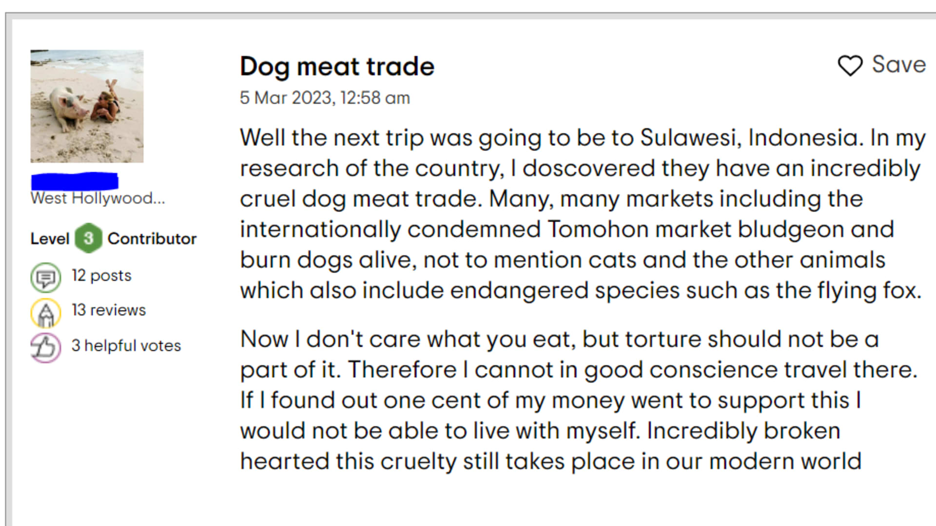 A screenshot of a post on Tripadvisor in a forum discussing Sulawesi.