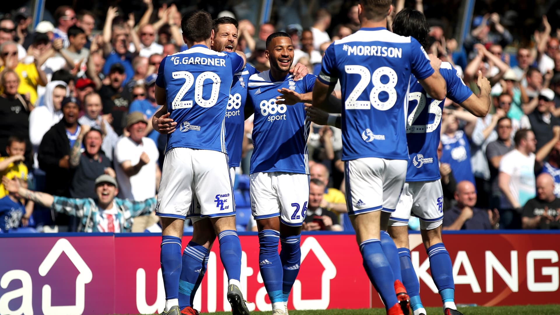 BIRMINGHAM, UK - Birmingham City's Lukas Jutkiewicz (second left) celebrates scoring his side's first goal of the game with team-mates during the Sky Bet Championship match at St Andrew's Trillion Trophy Stadium, Birmingham.