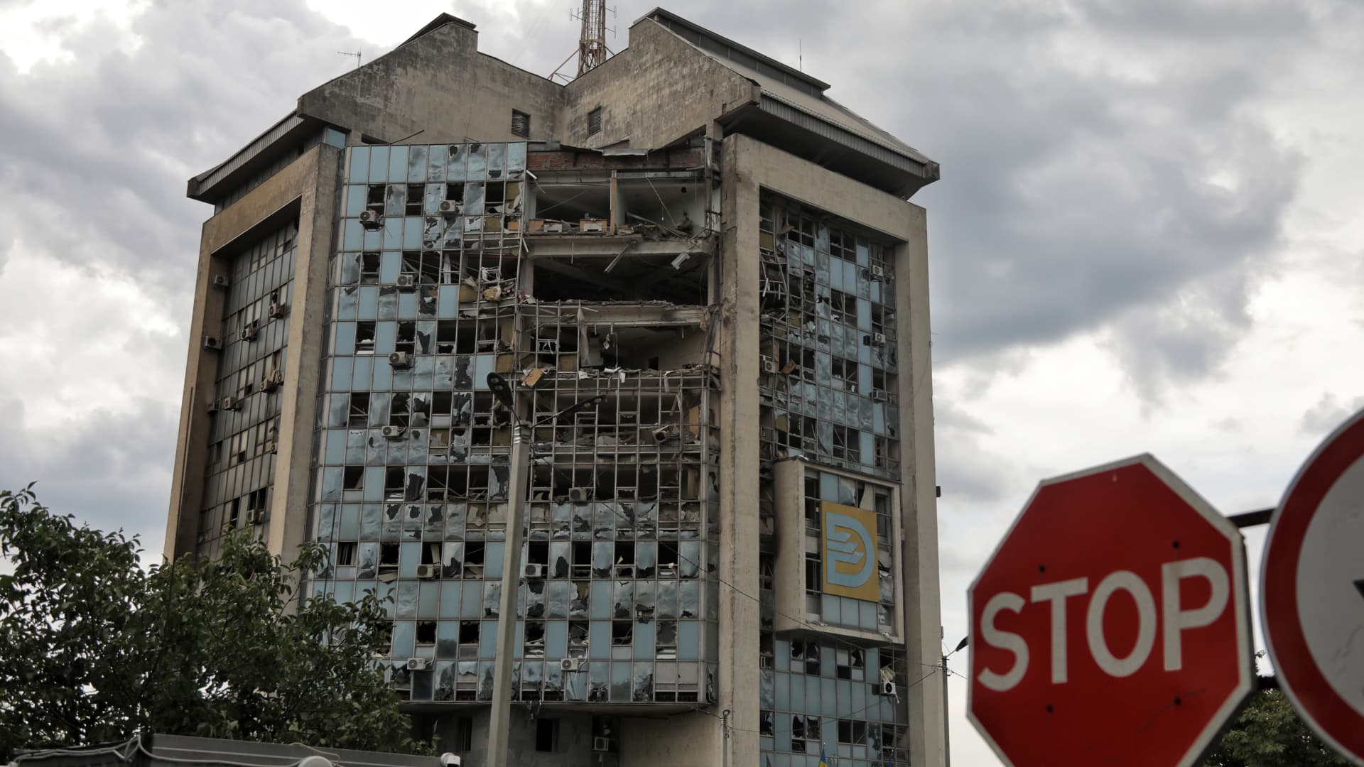 The Ukrainian Danube Shipping Company building, damaged by a Russian drone attack, on Aug. 2, 2023, in southern Ukraine's Odesa region.
