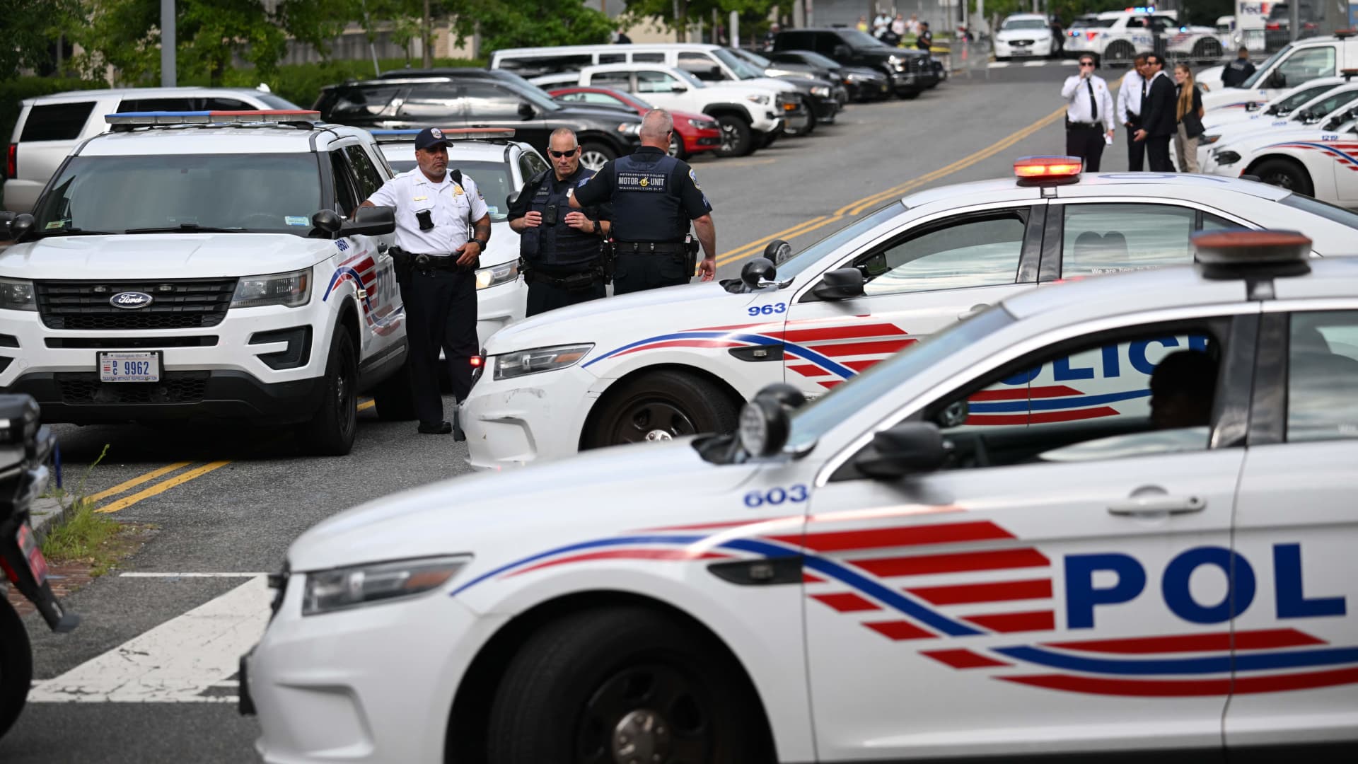Police block a street near the E. Barrett Prettyman US Courthouse where former US President Donald Trump is to be arraigned on August 3, 2023, in Washington, DC.