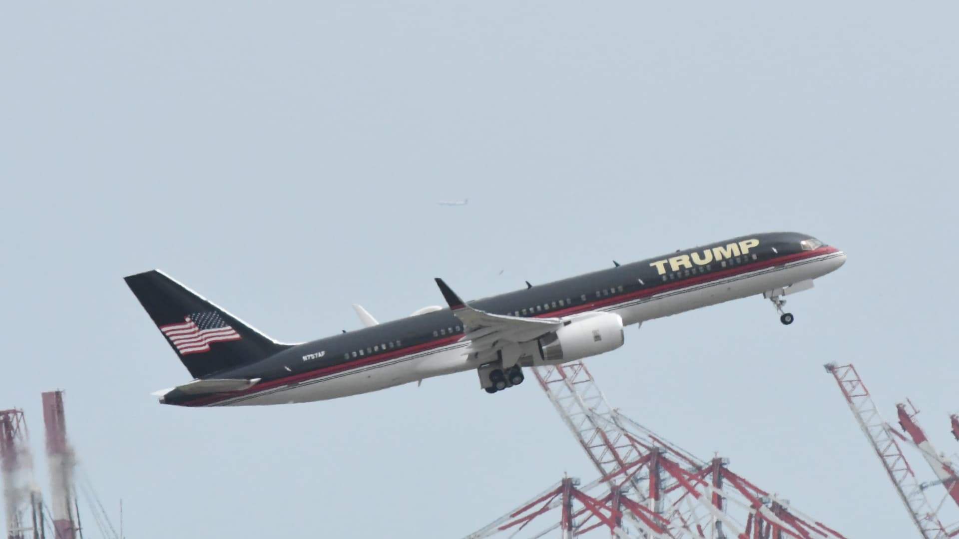 Former U.S. President Donald Trump's airplane takes off from Newark airport on August 3, 2023 in New York City.